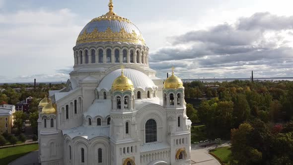 Aerial View of Orthodox Naval Cathedral of St. Nicholas. Built in 1903-1913. Kronshtadt, St