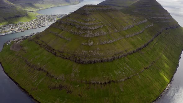 Drone Of Klakkur Mountain With Klaksvik Town Below alt