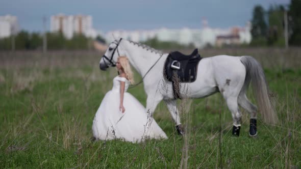 Runaway Bride and Horse are Walking on Field Romantic Woman and White Equine alt
