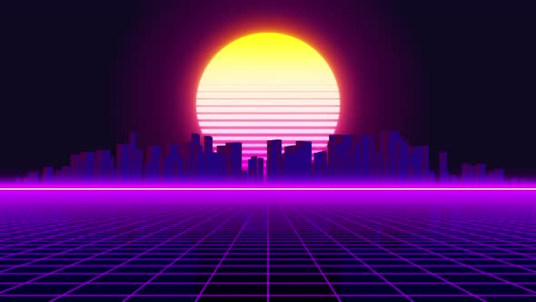 Retro 80s background with neon city, Motion Graphics | VideoHive
