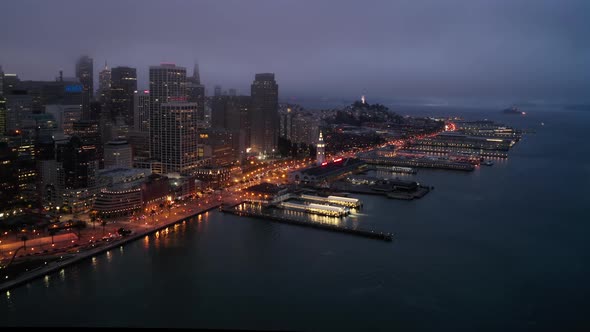 Cinematic Aerial Panorama of Beautiful American City at the Bay at Night Time  alt