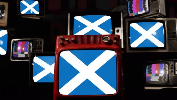 Flag of Scotland on Retro TVs. 4K.