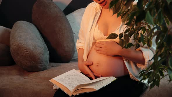Pregnant Woman Sits on a Sofa in a Living Room and Reads a Book To Her Future Child alt