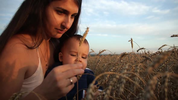 A Happy Young Mother and Her Son Are Sitting in a Wheat Field. The Baby Curiously Looking at Ears