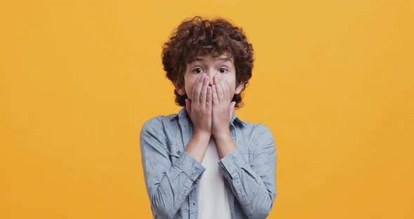 Shocking News. Studio Portrait of Shocked Little Boy Closing Mouth in Amazement and Disbelief alt
