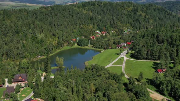 Aerial view of the Zahura recreation center in the town of Spisske Vlachy in Slovakia alt