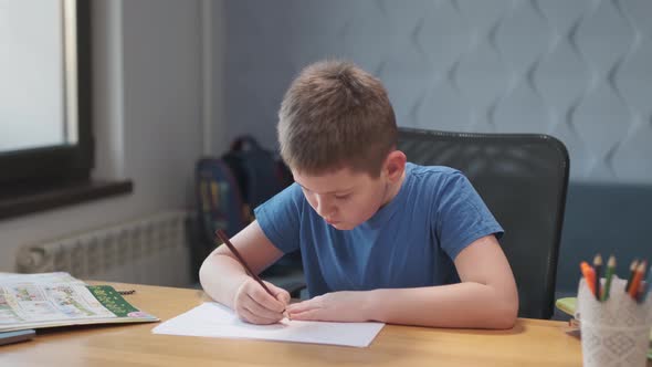 Portrait of thoughtful schoolboy doing homework. Smart student studying online at home. alt