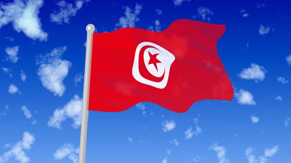 Tunisia Flying Flag Wave In The Sky With Clouds alt