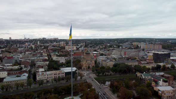 Flag of Ukraine, Cathedral Kharkiv city aerial