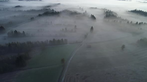 Aerial view of landscape with fog in the morning, Loisach Moor alt