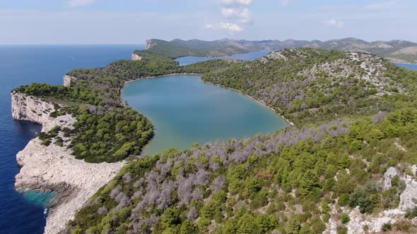 Aerial view of Saltwater Mir Lake at Dugi Otok Island in Croatia, Europe alt