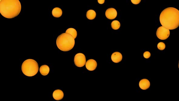 3D animation of falling oranges on a black background