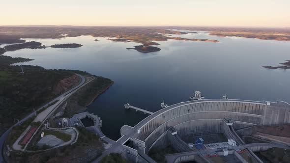 Portuguese Hydroelectric Power Station on the Dam of the Alqueva Lake River Aerial View