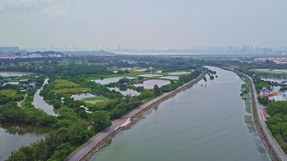 A dynamic descending aerial footage of the green farm in Yuen Long, Hong Kong. This farm is surround alt