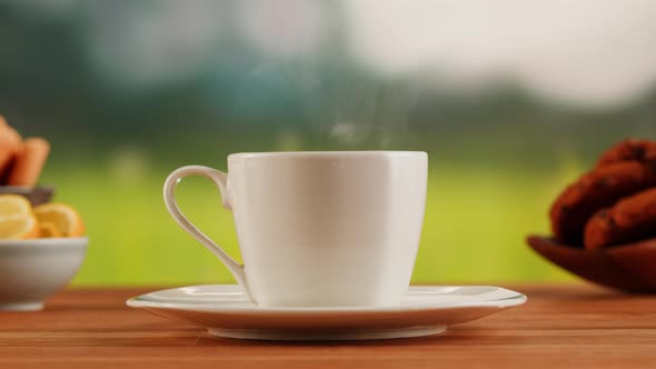 Hot Drink in White Cup on a Wooden Table alt