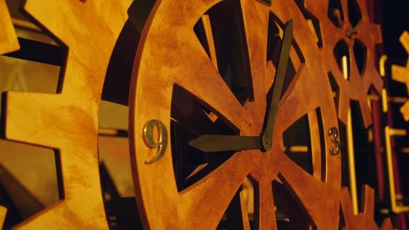 Huge Wooden Gears. Increased Clock Mechanism. A Rotating Gear. alt