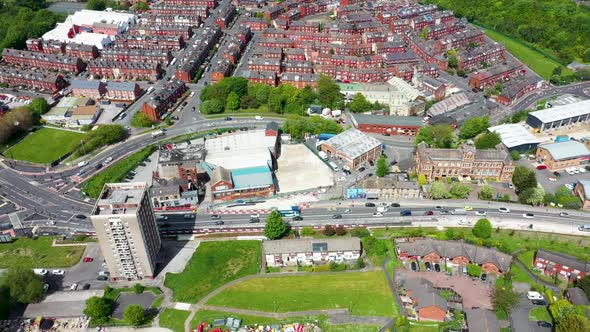 Aerial drone footage of the town of Armley in Leeds West Yorkshire in the UK alt