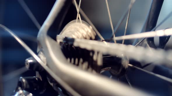 Cyclist On Bicycle Drivetrain System And Chain Rotating. Gear System  And Bike Wheel. alt