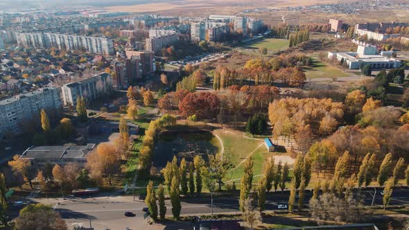 Autumn City Of Rivne Ukraine, Jubilee Park. Aerial Shot