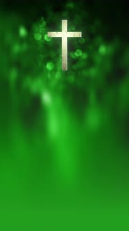Roman Christian Cross on Looped Vertical Liturgical Green Bokeh Glitter Background
