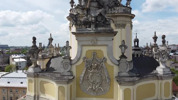 Aerial drone view of a flying over the Catholic Cathedral. alt