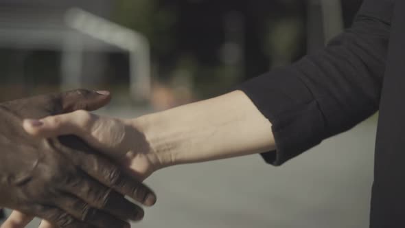 Close-up Handshake of Caucasian Woman and African American Man Outdoors. Unrecognizable Multiracial alt