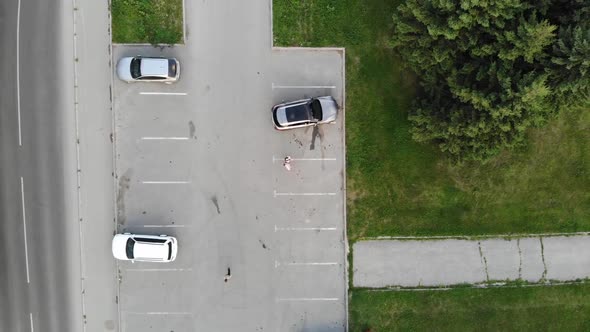 Aerial Drone Shot of Young Pretty Couple of Business Partners Use Smartphones