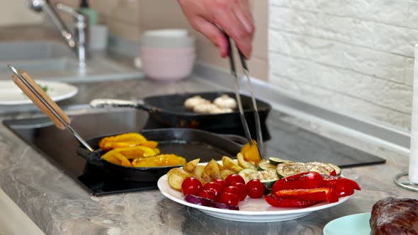 Fried Vegetables Are Best Side Dish for Steak. Cooking Dinner at Home.