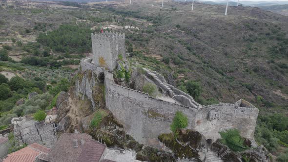 Castle of Sortelha on Hilltop, high view point, Historic Portuguese castles, Aerial Orbiting
