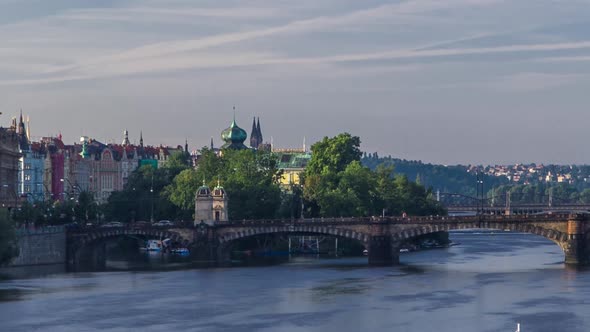 Vltava River Timelapse in District Strelecky Ostrov with the Bridge of the Legions and National alt