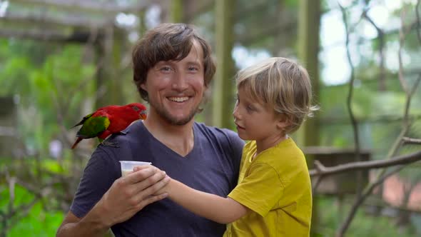 Super Slowmotion Shot of a Father and Son in a Bird Park Feed a Red Parrot Sitting on Father's alt