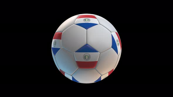 Soccer ball with flag Paraguay, on black background loop alpha