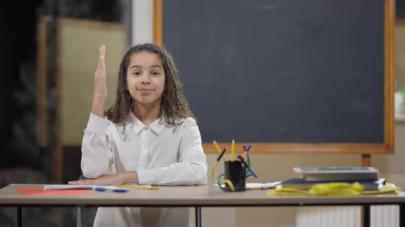Portrait of Intelligent Beautiful African American Schoolgirl Raising Hand Smiling Looking at Camera alt