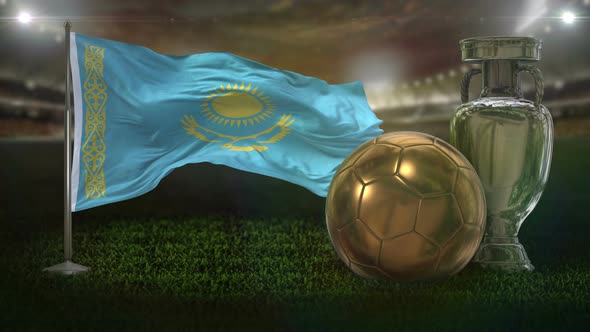 Kazakhstan Flag With Football And Cup Background Loop 4K alt