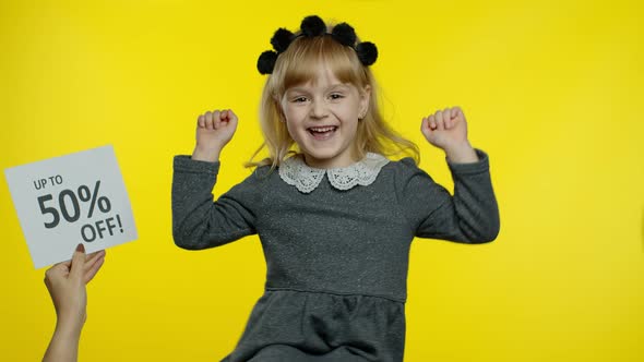 Inscription Advertising Discount Up To 50 Percent Off Appears Next To Smiling Kid Pupil Girl alt