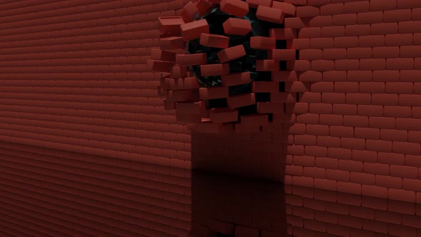 Moment of destroying a red brick wall by concrete spheres on a dark background alt