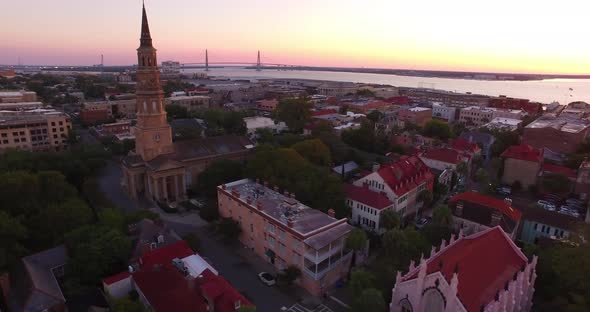 Aerial Flyby of Ravenel Bridge - Saint Philips Church - French Huguenot Church - Charleston SC alt