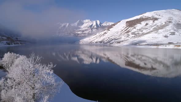 Flying past frost covered white tree over Deer Creek Reservoir alt