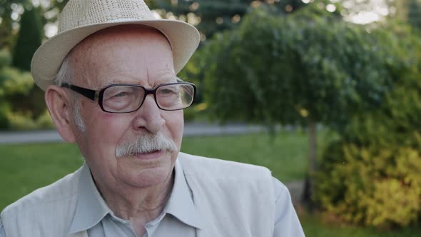 Portrait of Senior Man Telling with Light Smile at Camera in Summer Park alt