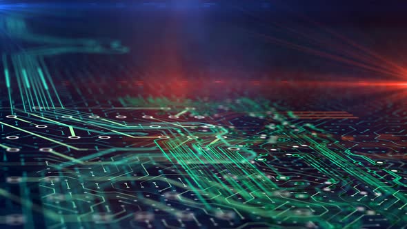 Electrons Move in Microchip Circuit, Digital Electric Computer Gadget Scheme alt