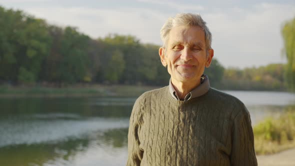 Senior Old Gray-haired Man Looking at Camera, Serious Happy Elder Mature Grandfather with Toothy alt