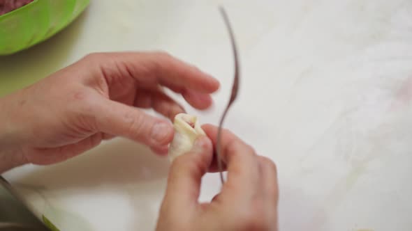 Female Hands Put Minced Meat in the Dough with a Fork and Mold a Dumpling alt