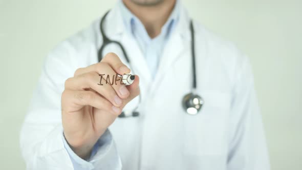 Infection Control, Doctor Writing on Transparent Screen alt