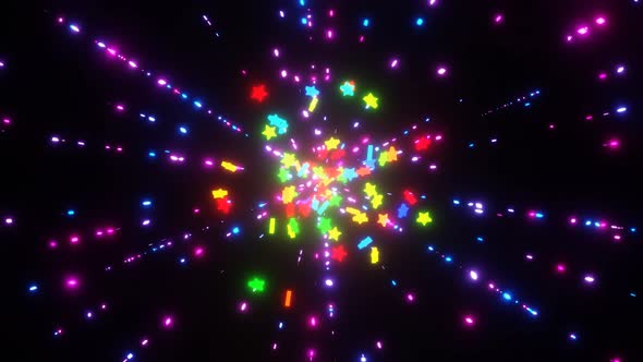 Animation of Laser Beams Fly Out of the Center of Multicolored Stars on Black Background