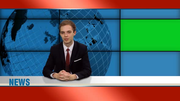 Media Broadcaster Talking the Latest News in Studio with Green Screen