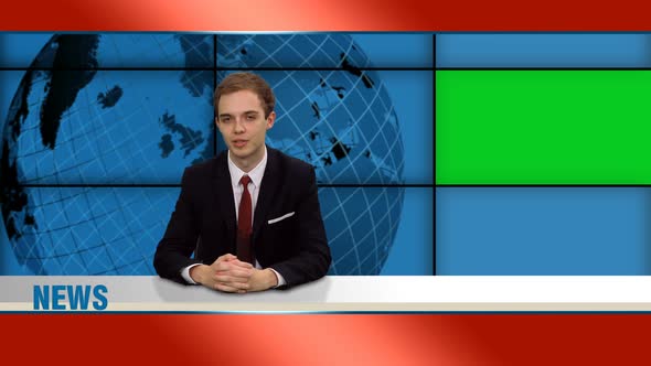 Media Broadcaster Talking the Latest News in Studio with Green Screen alt