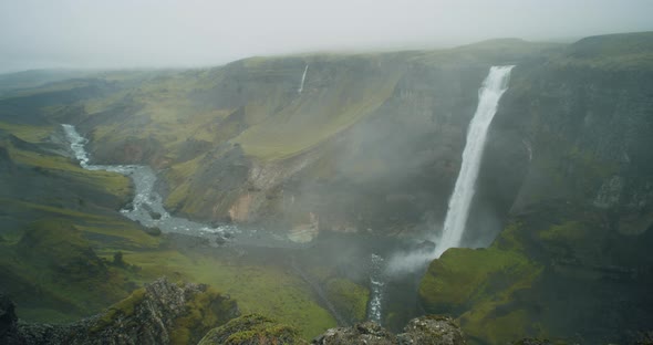 Haifoss Waterfall and Canyon in Rainy Weather Iceland Highland