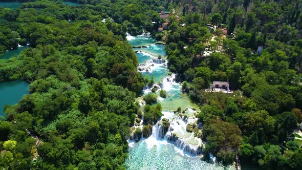 Krka Waterfalls in National Park in Croatia, aerial footage in 4K