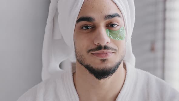 Funny Portrait Male Face Smiling Indian Arabian Man Wearing Bath Towel on Head Glue Sticky Hydrogel alt