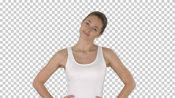 Woman stretching neck while walking, Alpha Channel alt